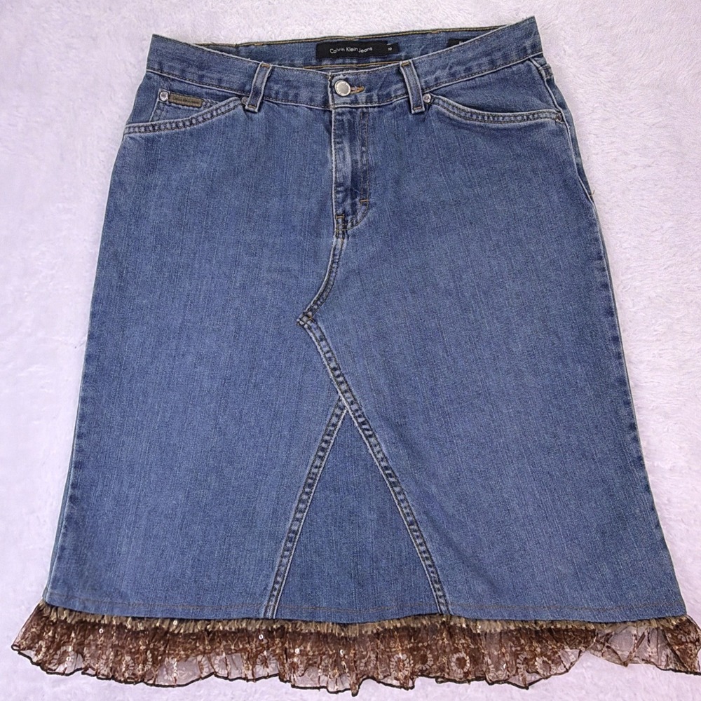 Calvin Klein Blue Denim Skirt Flare Lace Hem Women's Size 10 Pockets